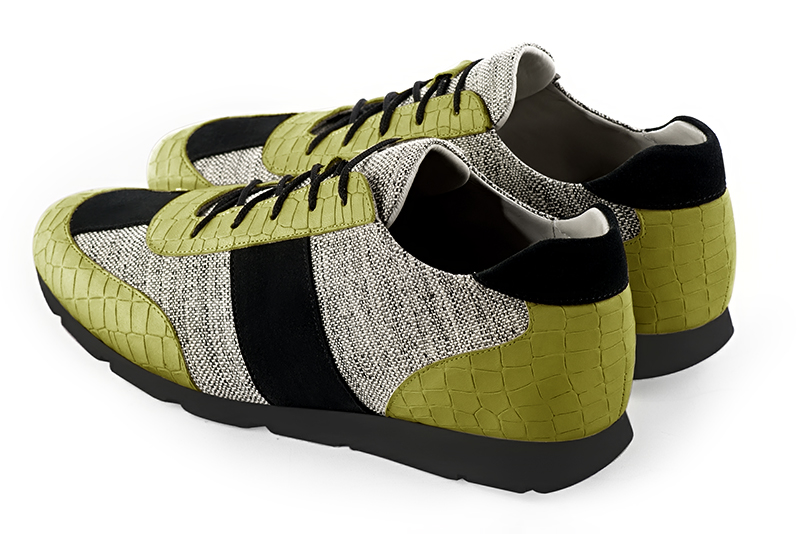 Pistachio green, ash grey and matt black three-tone dress sneakers for men. Round toe. Flat rubber soles. Rear view - Florence KOOIJMAN